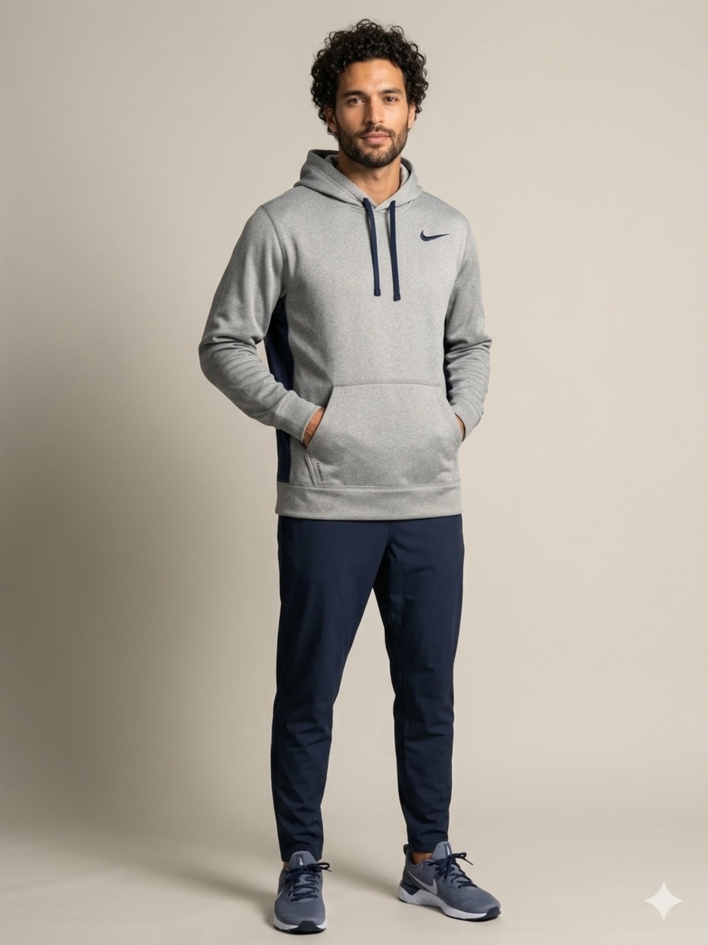 Nike Men’s Size M Light Gray Pullover Hoodie with Navy Accents